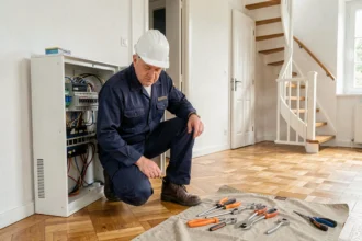 Électricien professionnel inspectant un tableau électrique dans une maison résidentielle en Haute-Vienne
