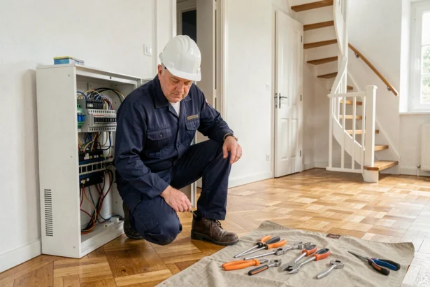 Électricien professionnel inspectant un tableau électrique dans une maison résidentielle en Haute-Vienne