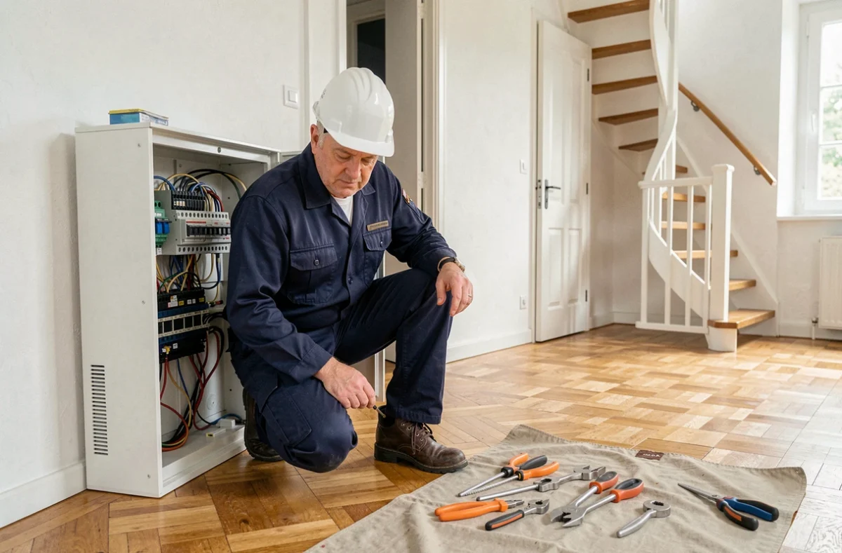 Électricien professionnel inspectant un tableau électrique dans une maison résidentielle en Haute-Vienne
