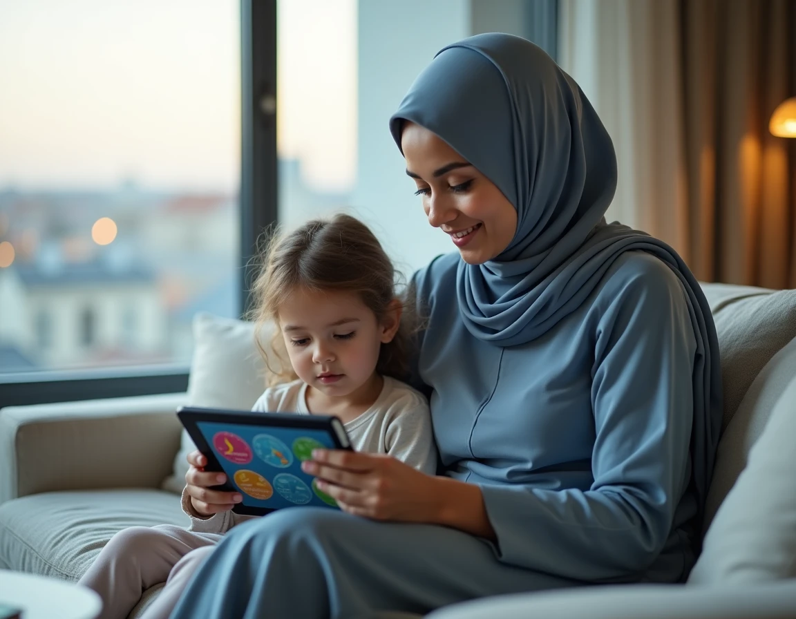 Mère et enfant consultant ensemble une application d'horaires de prière sur une tablette dans un appartement en ville
