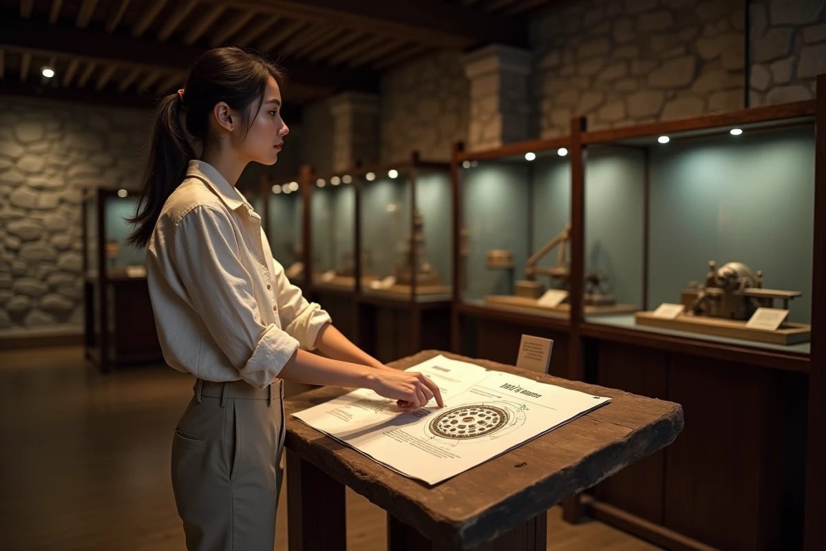 Femme expliquant le fonctionnement d'une noria devant un panneau pédagogique dans un musée des techniques hydrauliques traditionnelles
