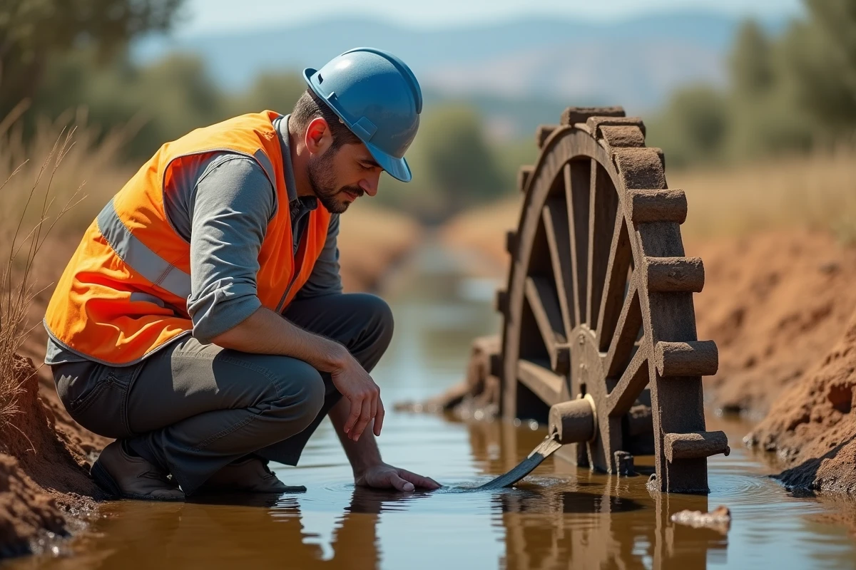 Ingénieur examinant une noria en bois traditionnelle au bord d'un canal d'irrigation en milieu agricole