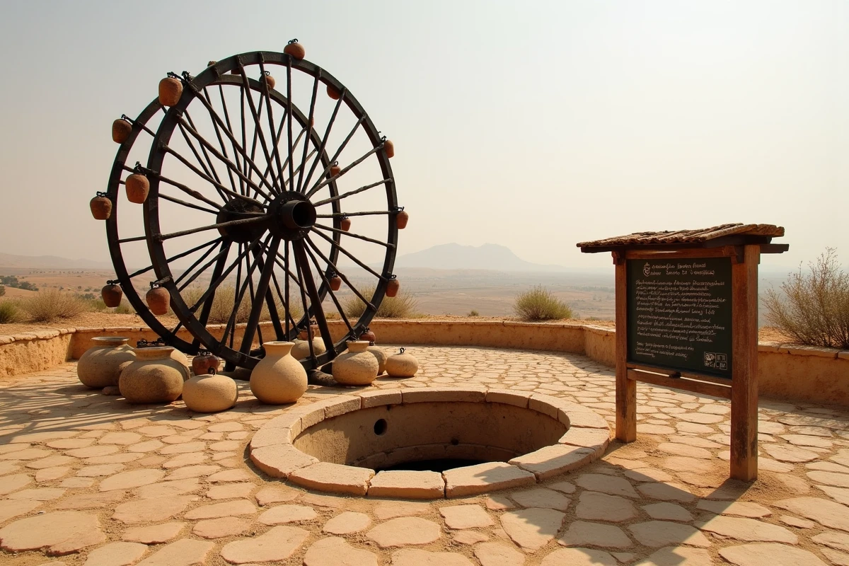 Grande noria en fer et pierre avec pots en céramique dans un site archéologique aride en Afrique du Nord