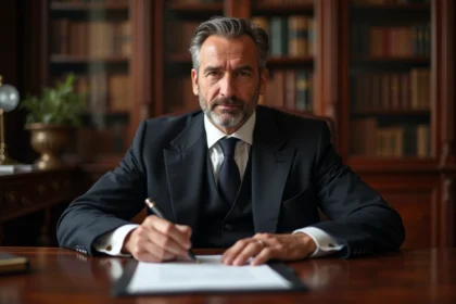 Notaire homme en costume dans un bureau traditionnel français