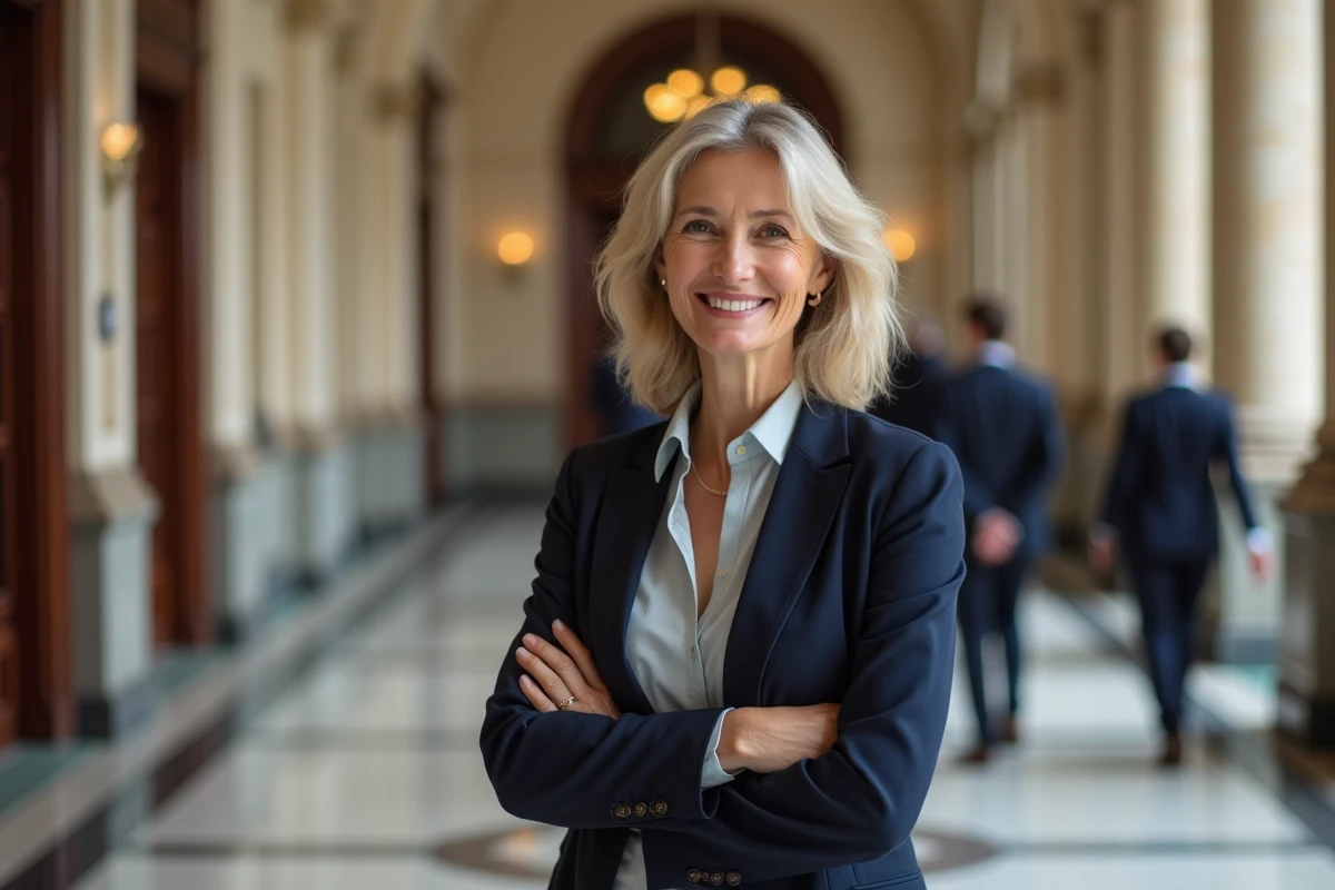 Notaire femme saluant un client dans un hall de mairie