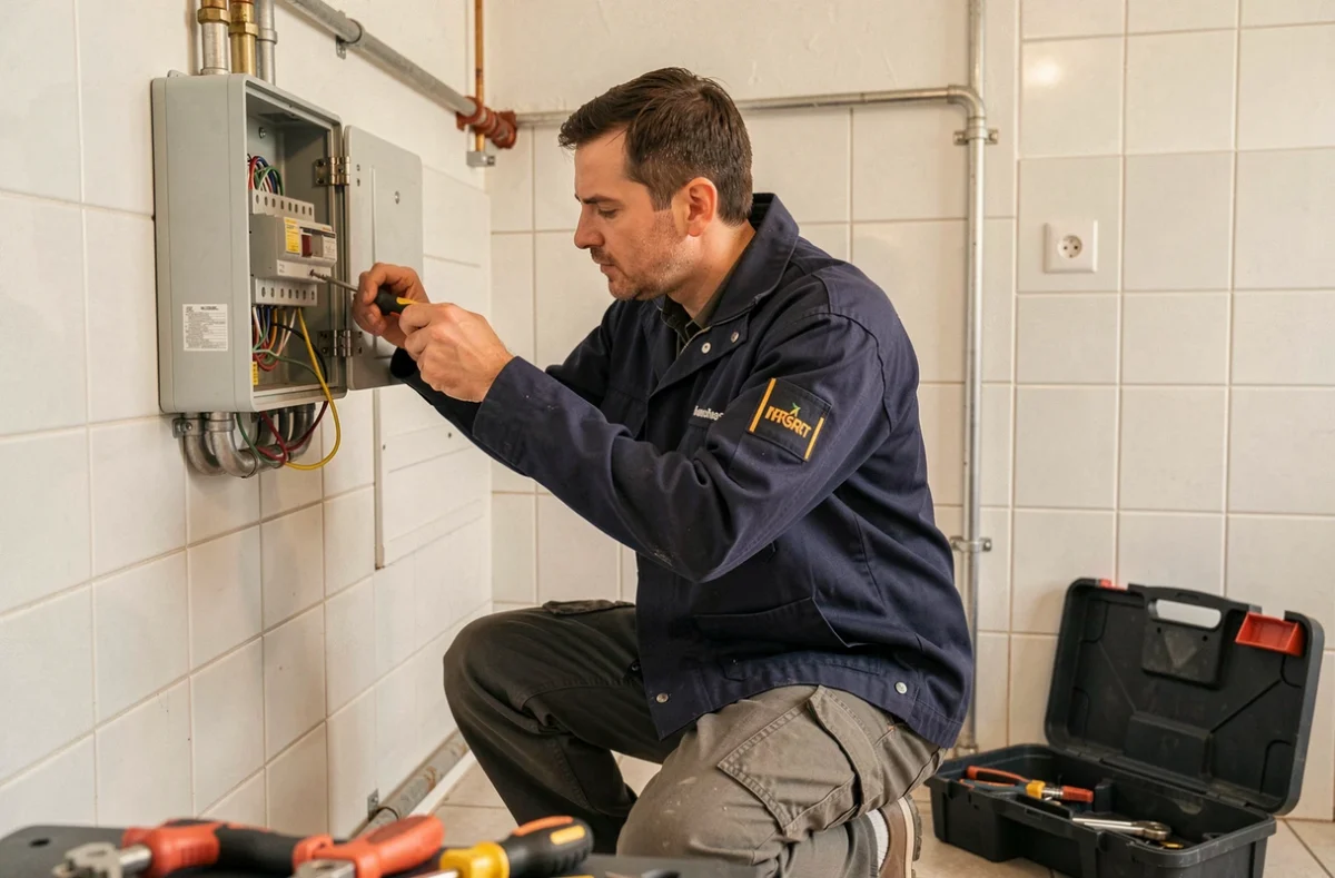 Électricien polyvalent NTElectricité réalisant un branchement sur tableau électrique dans une habitation