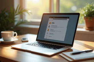Ordinateur portable sur bureau lumineux avec VPN en cours