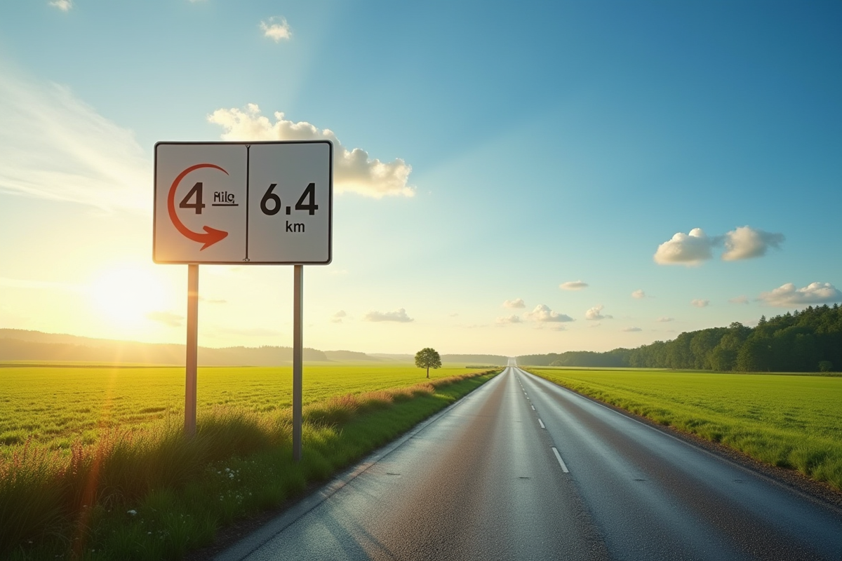 Panneau routier indiquant 4 miles et 6,4 km dans un paysage rural ensoleille