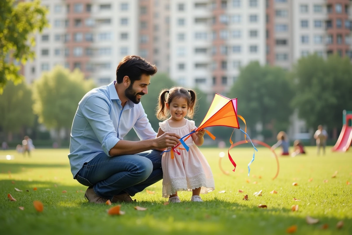 Père seul aidant sa fille à faire un cerf-volant dans un parc