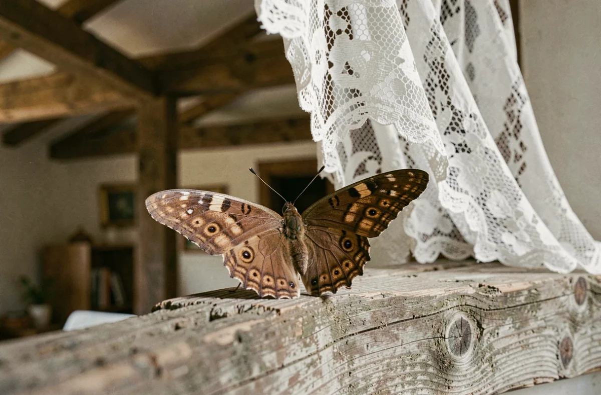 Papillon marron aux ailes déployées sur un rebord de fenêtre en bois rustique, signe intérieur de bon augure