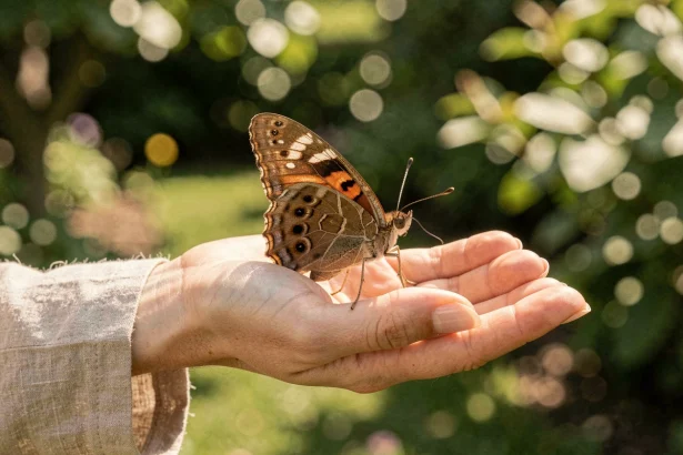 Papillon marron posé sur la main d'une femme dans un jardin verdoyant, symbolisant un signe spirituel