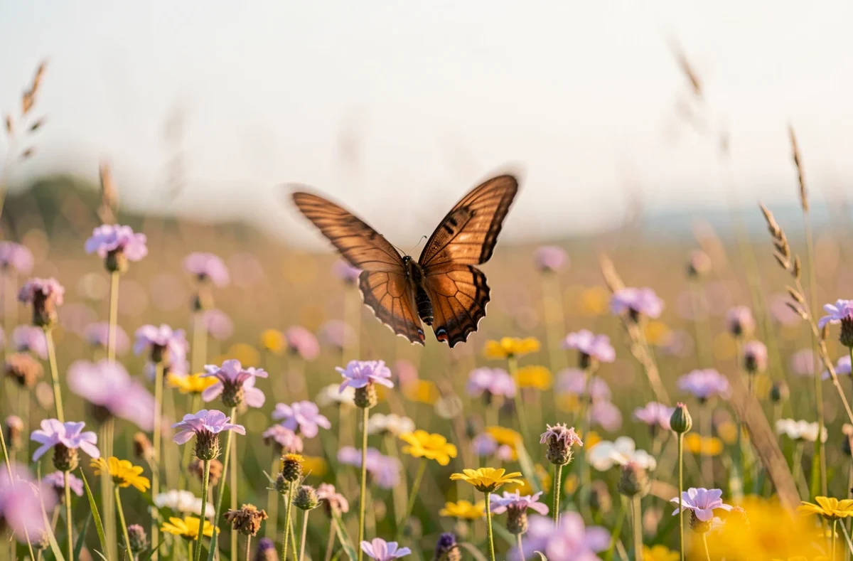Papillon marron en vol au-dessus d'une prairie fleurie, capturé en pleine nature comme un présage naturel