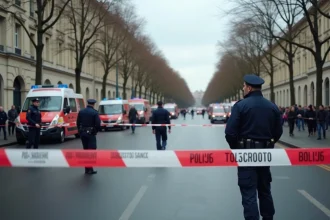 Policiers sécurisant un périmètre de sécurité avec rubalise rouge et blanche sur un boulevard du centre-ville de Toulouse après un accident grave