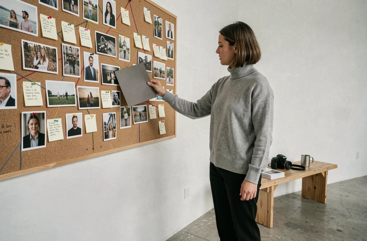 Photographe femme construisant une narration visuelle sur un mur d'images imprimées et de notes dans un studio contemporain