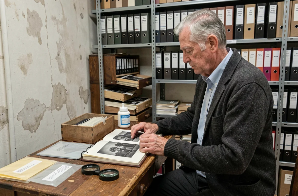 Photographe senior assemblant une maquette de livre photo dans une salle d'archives avec négatifs et tirages noir et blanc