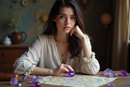 Femme tenant un pendentif en améthyste violette entourée de pierres précieuses et de cartes astrologiques sur une table en bois