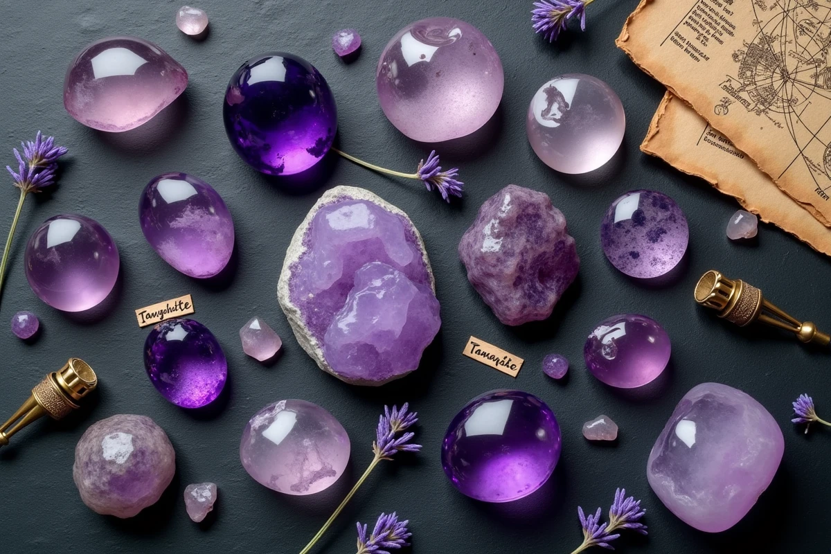 Vue aérienne de pierres précieuses violettes associées aux signes astrologiques sur une ardoise avec des cartes étoilées