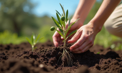 Mains plantant une jeune olive dans un jardin ensoleille