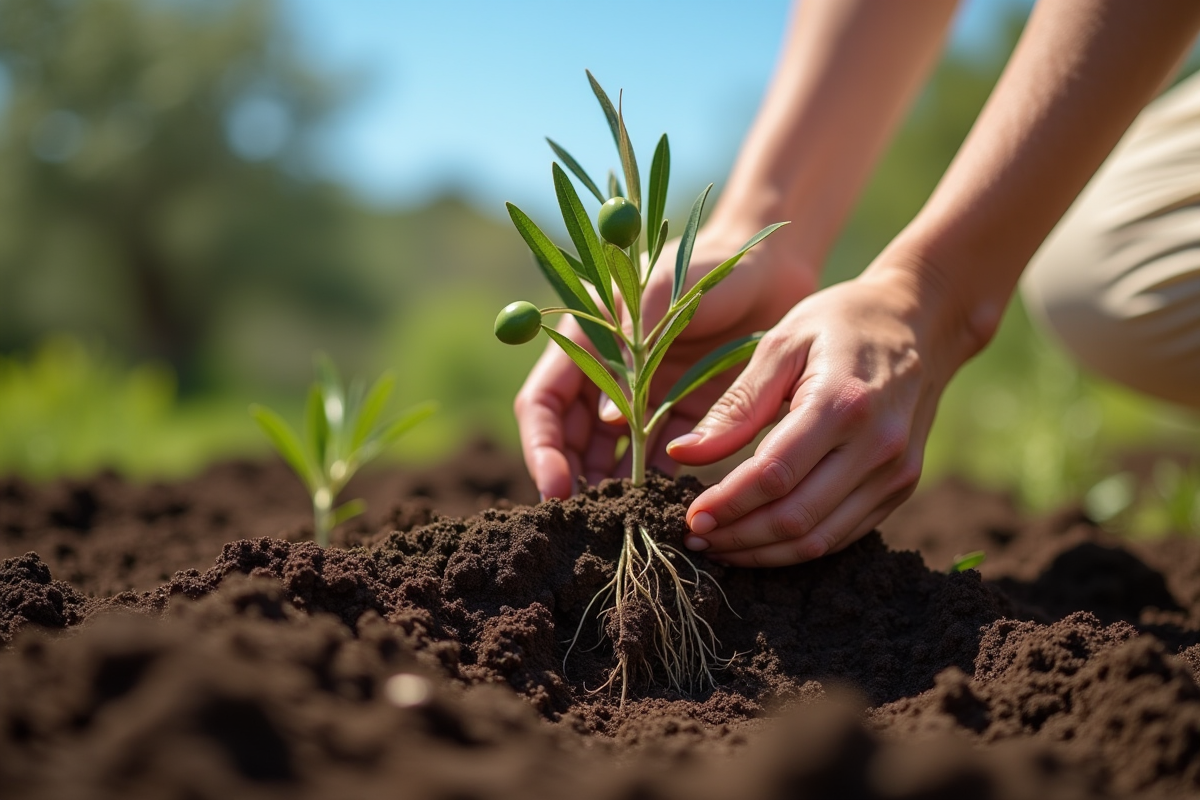 Mains plantant une jeune olive dans un jardin ensoleille