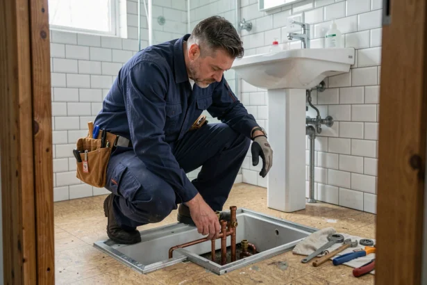 Plombier professionnel en intervention d'urgence dans une salle de bain d'un appartement de la Somme