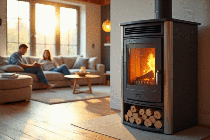 Poêle à pellets moderne dans un salon lumineux et chaleureux