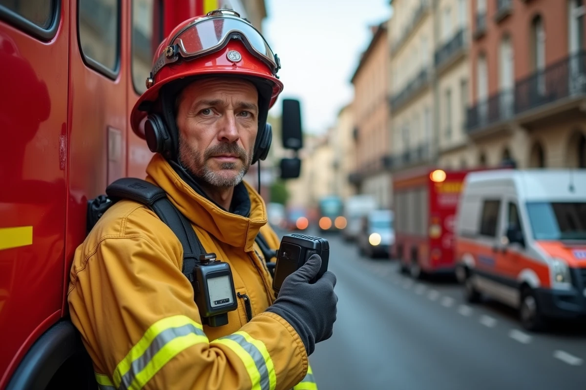 Pompier en tenue complète de sécurité parlant dans sa radio près d'un camion de pompiers rouge lors d'une intervention d'urgence à Toulouse