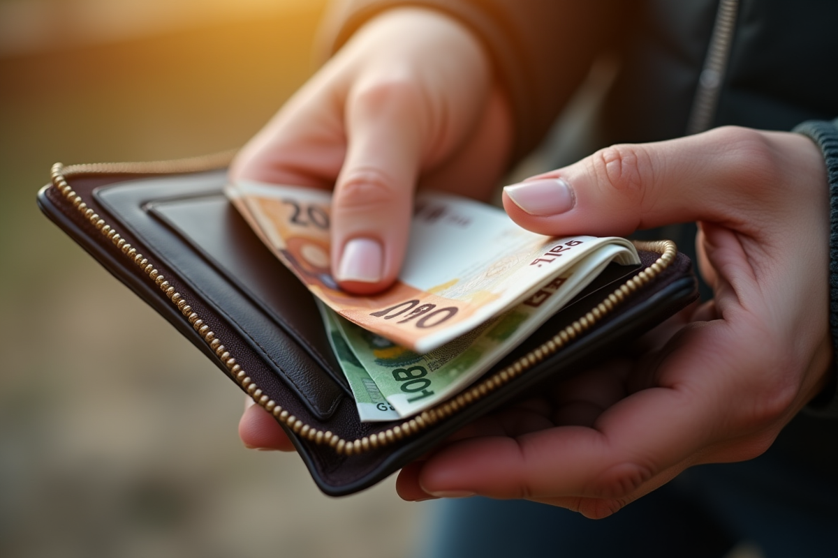 Mains tenant un porte-monnaie avec billets euros bien rangés