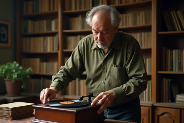 Homme d'âge mûr posant délicatement un disque vinyle 78 tours sur une platine ancienne Victrola dans un bureau vintage rempli de disques en shellac