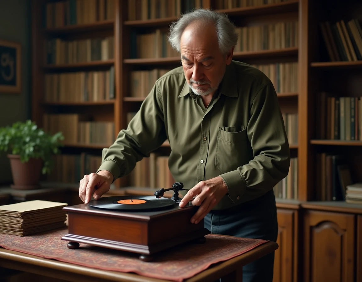 Homme d'âge mûr posant délicatement un disque vinyle 78 tours sur une platine ancienne Victrola dans un bureau vintage rempli de disques en shellac