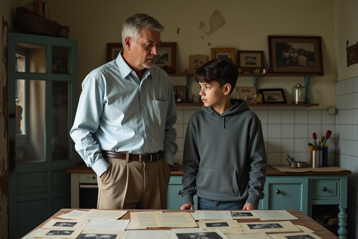 Père et fils regardant des documents sur une table usée