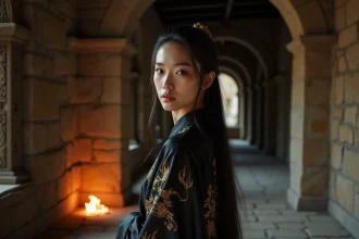 Jeune femme en costume de princesse des flammes noires avec robes en soie sombre et broderies dorées dans un couloir de pierre médiéval fantastique