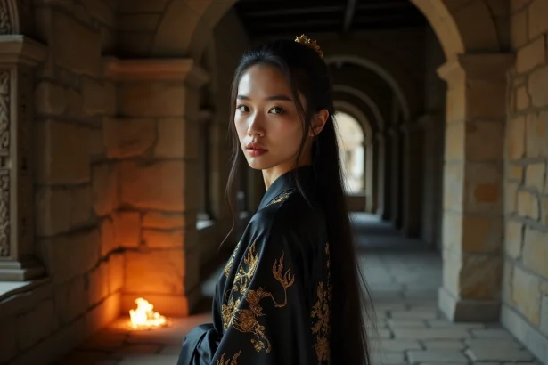 Jeune femme en costume de princesse des flammes noires avec robes en soie sombre et broderies dorées dans un couloir de pierre médiéval fantastique