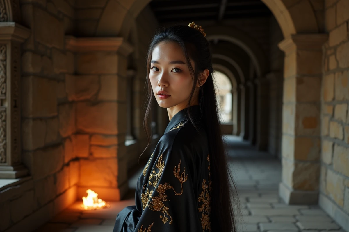 Jeune femme en costume de princesse des flammes noires avec robes en soie sombre et broderies dorées dans un couloir de pierre médiéval fantastique