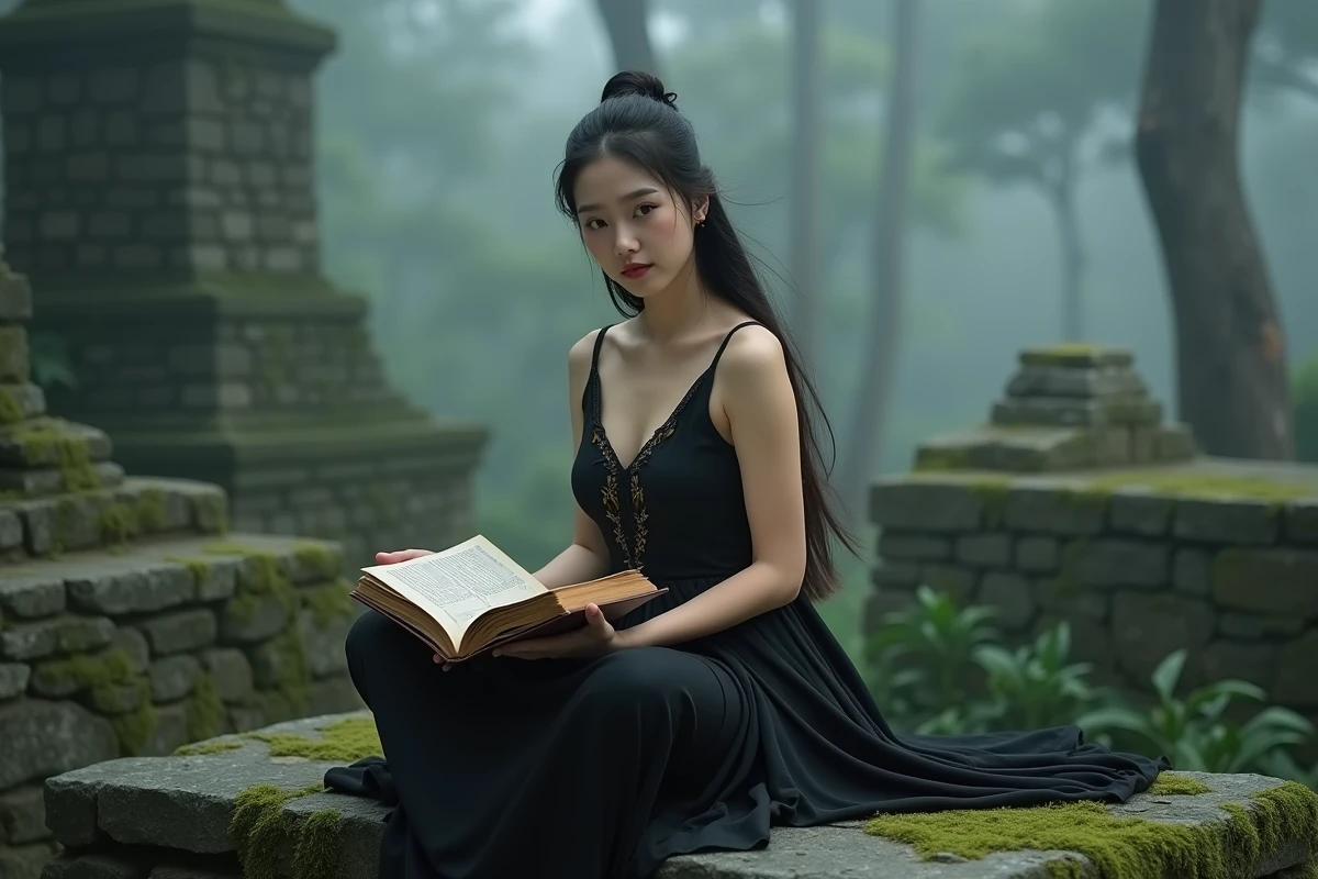 Femme en robe noire brodée de flammes assise sur des ruines de pierre mousseues dans une forêt brumeuse tenant un livre ancien