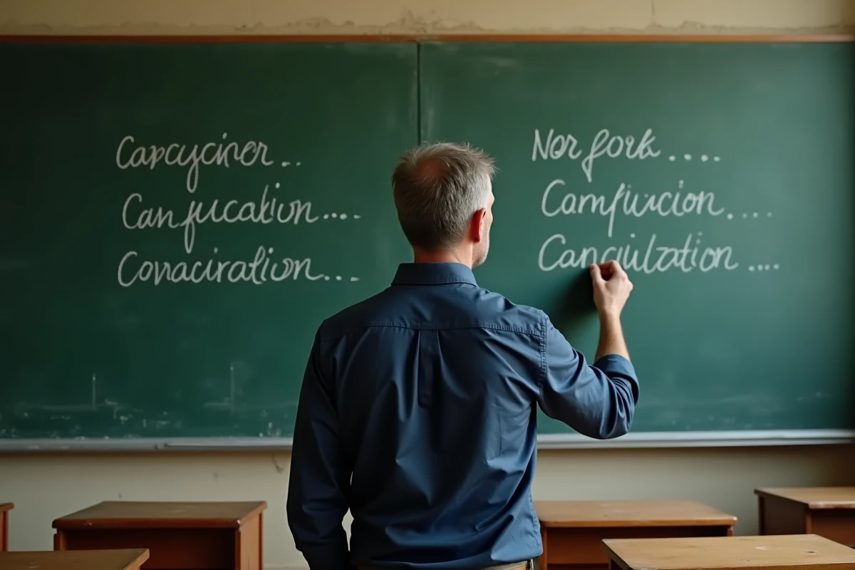 Professeur de français écrivant des formes conjuguées au tableau dans une salle de classe traditionnelle