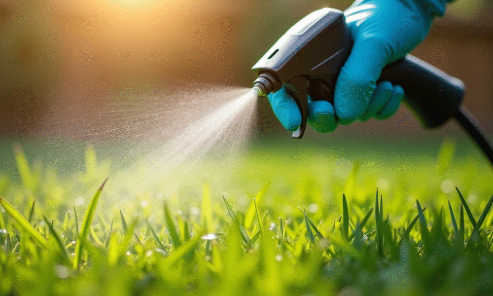 Main gantée pulvérisant un weed er sur des mauvaises herbes vertes