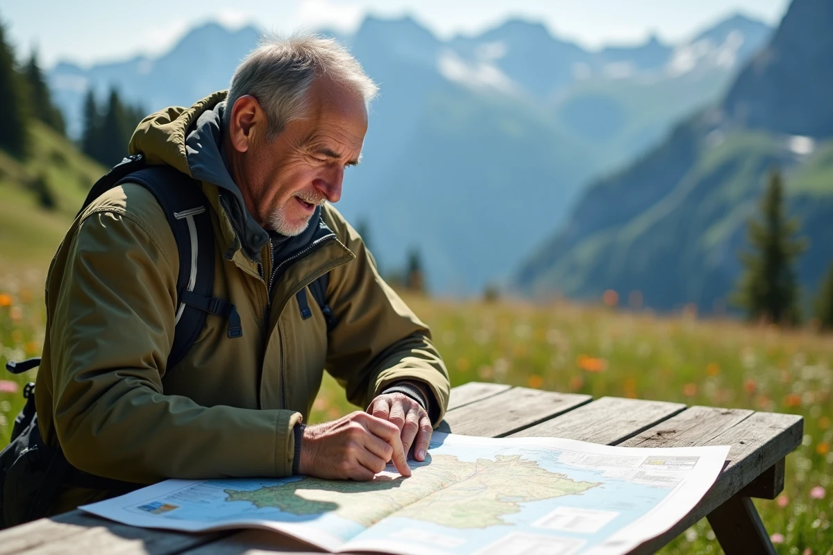 Homme en randonnée étudiant une carte de France en montagne