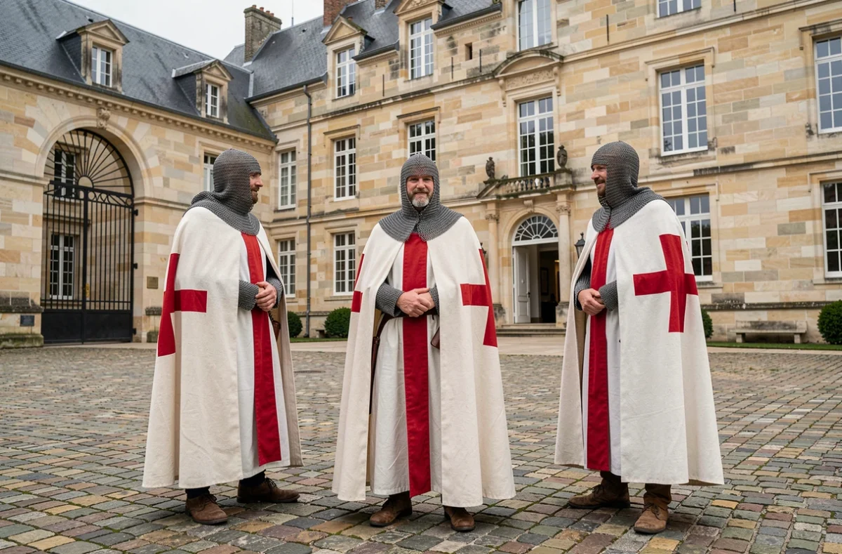 Reconstitution historique de chevaliers templiers en armure et manteau blanc croix rouge dans la cour d'un château médiéval français
