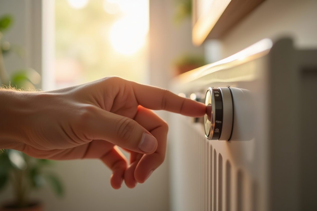 Main ajustant le thermostat du radiateur dans une pièce lumineuse