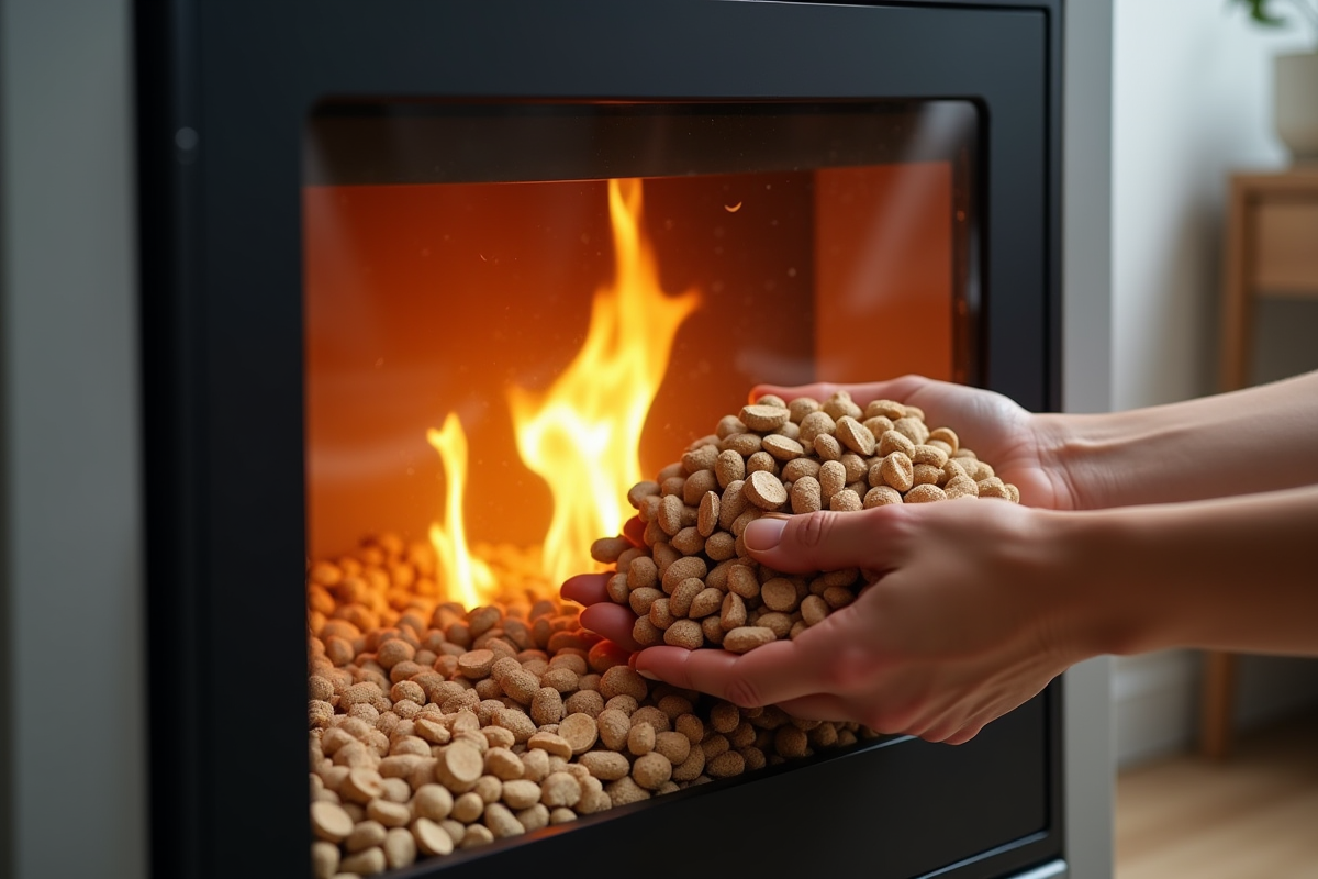 Mains versant des pellets de bois dans un poêle moderne