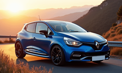 Renault Clio 2 RS bleue sur route de montagne au lever du soleil