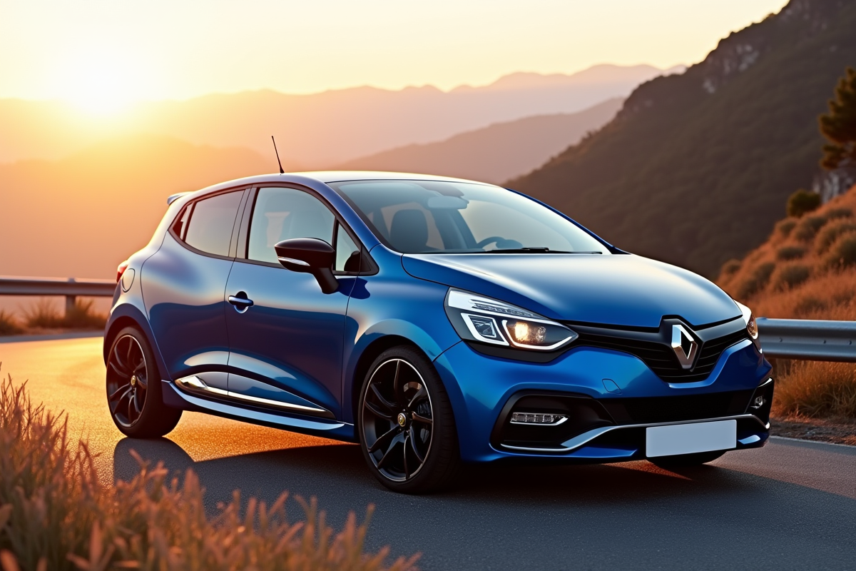 Renault Clio 2 RS bleue sur route de montagne au lever du soleil
