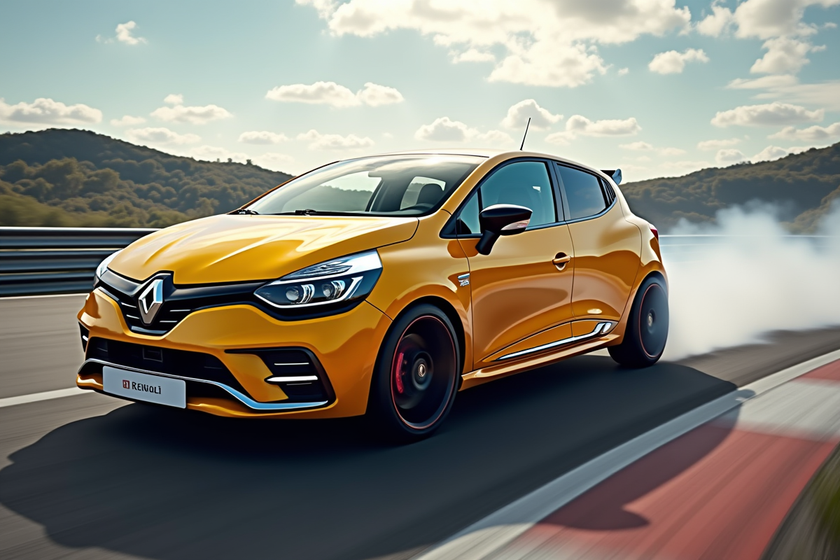 Renault Clio 2 RS en pleine course avec mouvement et fumée de pneus