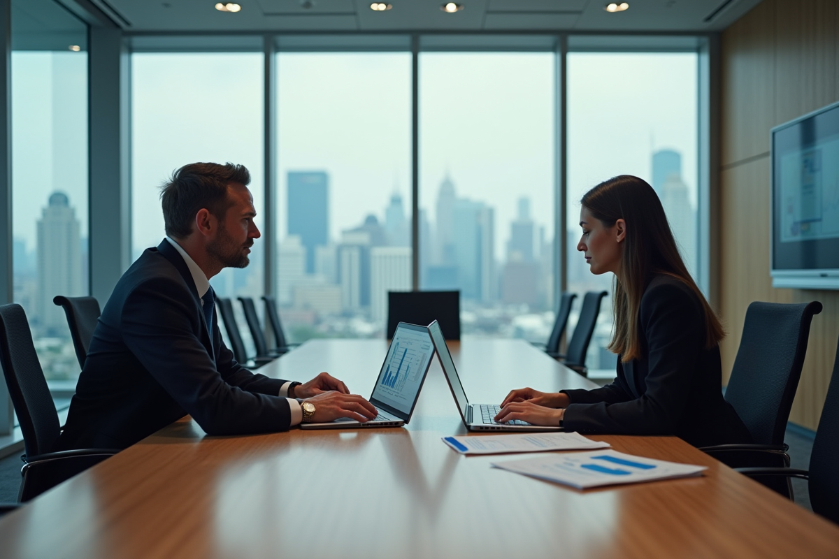 Homme et femme en réunion d'affaires avec ordinateurs portables