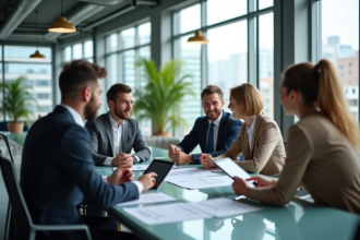 Groupe de professionnels en réunion dans un bureau moderne