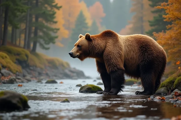 Ours brun majestueux au bord d'une rivière en forêt automnale, symbolisant le rêve d'ours brun et ses significations
