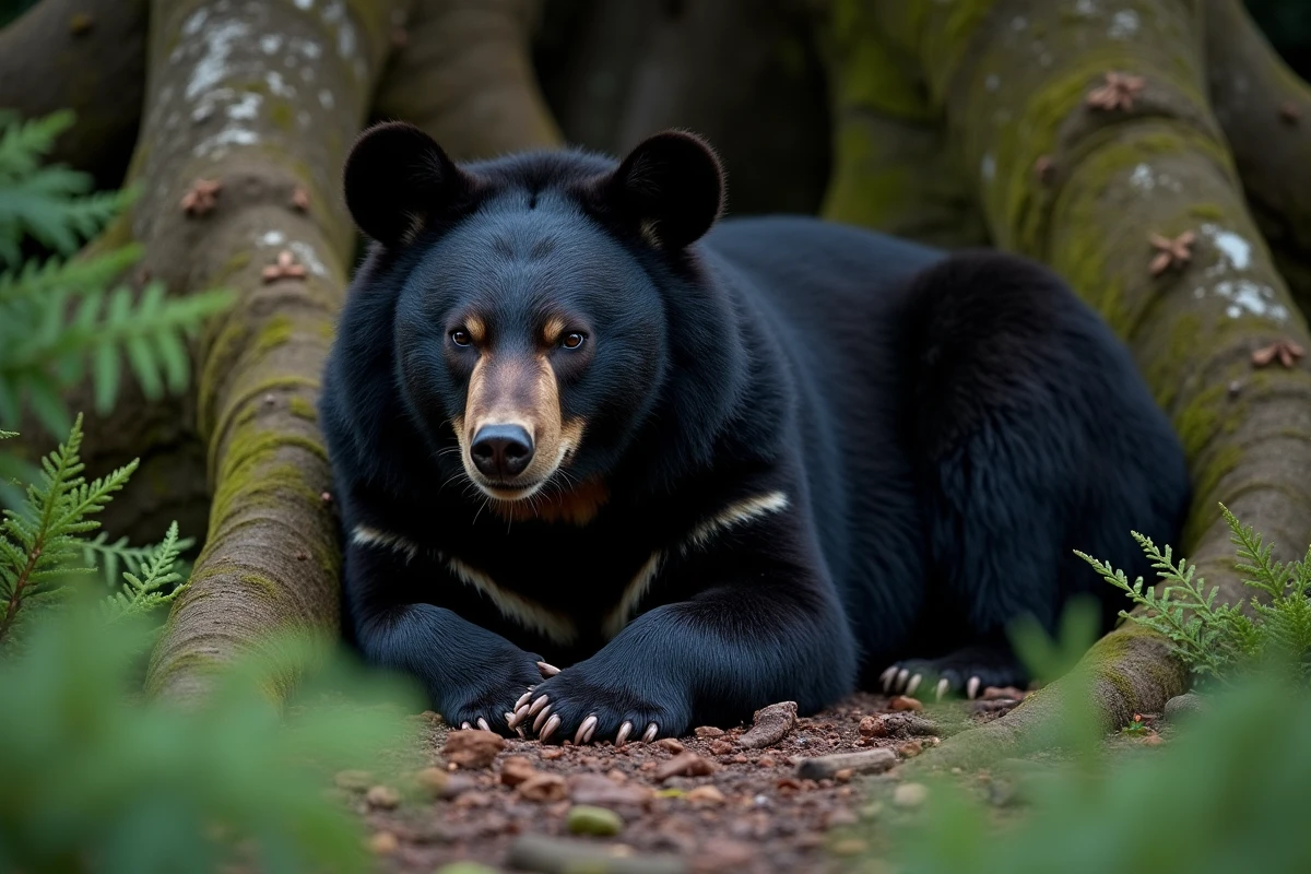 Ours noir au repos contre un chêne en forêt tempérée, évoquant le rêve d'ours noir et son interprétation symbolique
