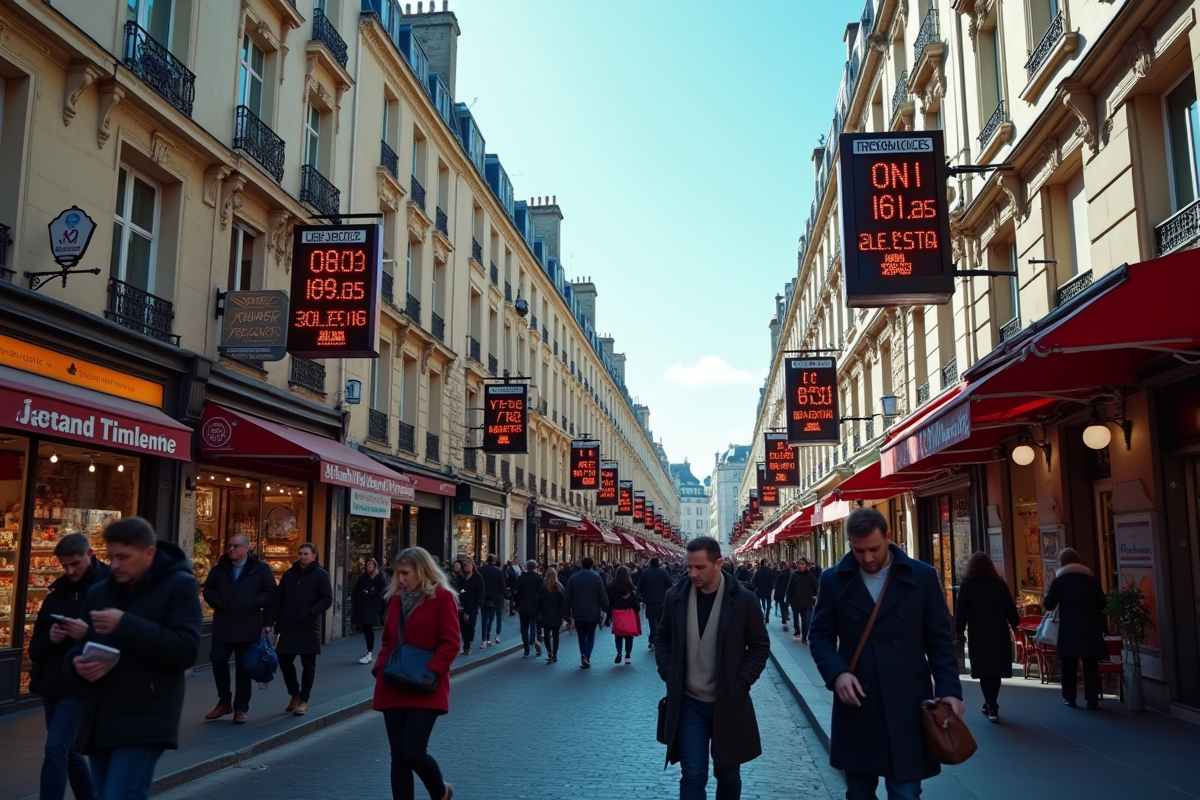 Rue parisienne en 2025 avec panneaux de prix digital et passants