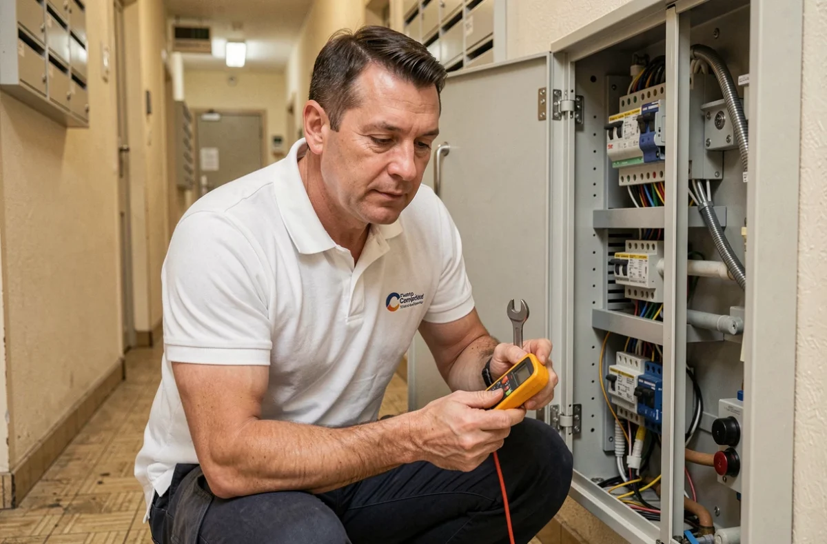 Technicien SAF Serrurerie Electricité Plomberie intervenant sur un tableau multi-services dans un immeuble en Haute-Vienne