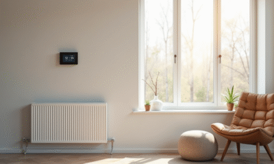 Salon moderne avec radiateur blanc et décoration scandinave